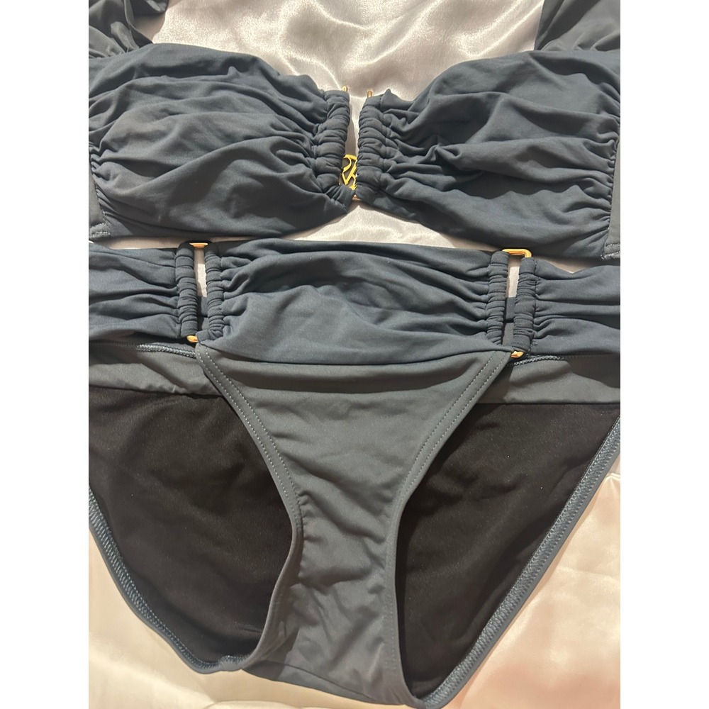 Victorias Secret Gray Ruched Halter Bandeau Bikini Set Gold Hardware Womens M - Picture 3 of 7
